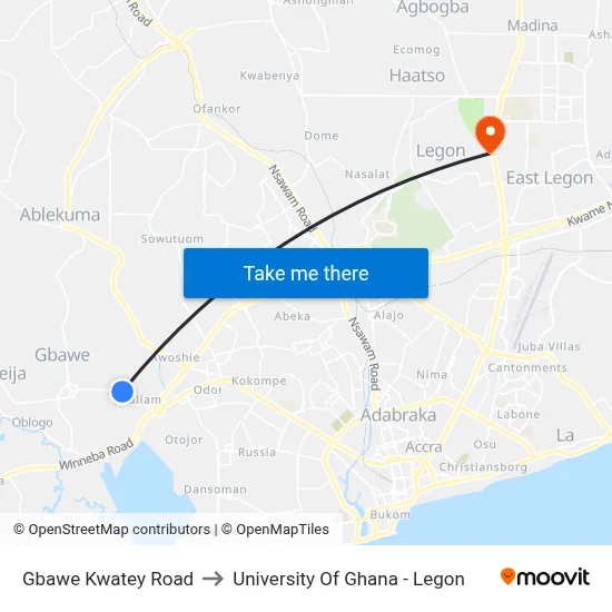 Gbawe Kwatey Road to University Of Ghana - Legon map