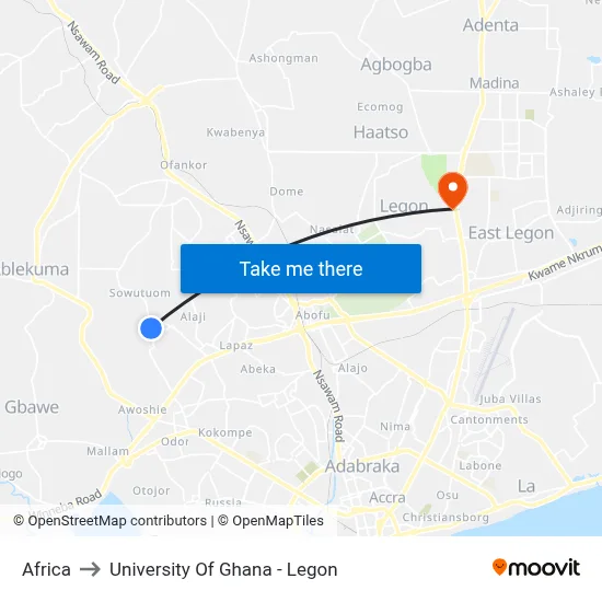 Africa to University Of Ghana - Legon map