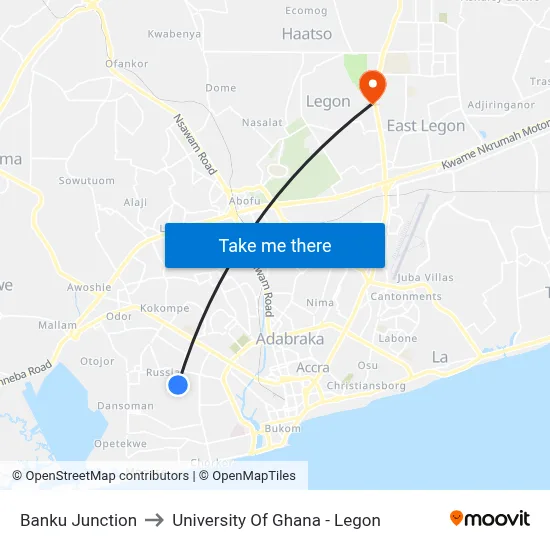 Banku Junction to University Of Ghana - Legon map