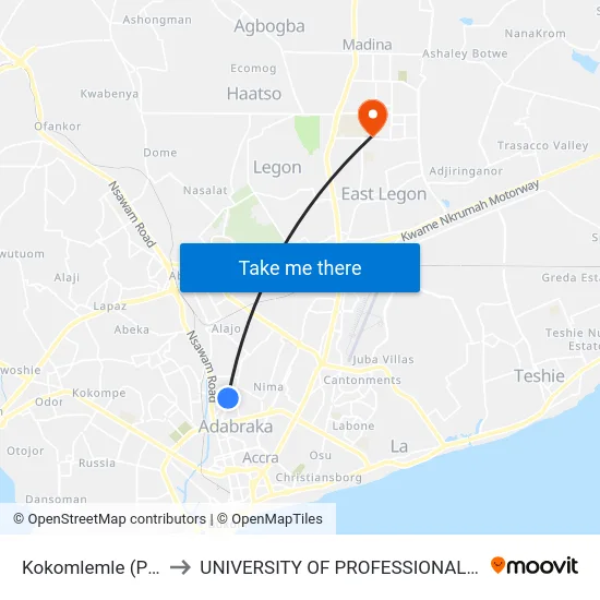 Kokomlemle (Pro Credit) to UNIVERSITY OF PROFESSIONAL STUDIES (UPSA) map