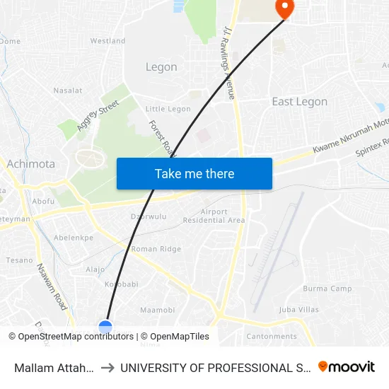 Mallam Attah Market to UNIVERSITY OF PROFESSIONAL STUDIES (UPSA) map