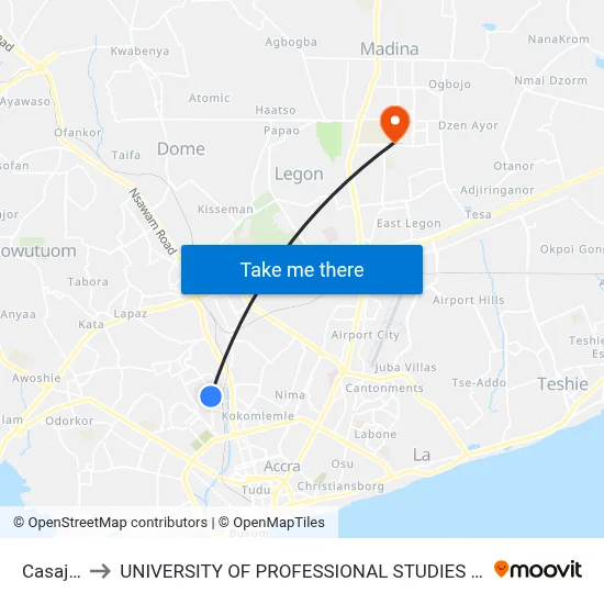 Casajan to UNIVERSITY OF PROFESSIONAL STUDIES (UPSA) map
