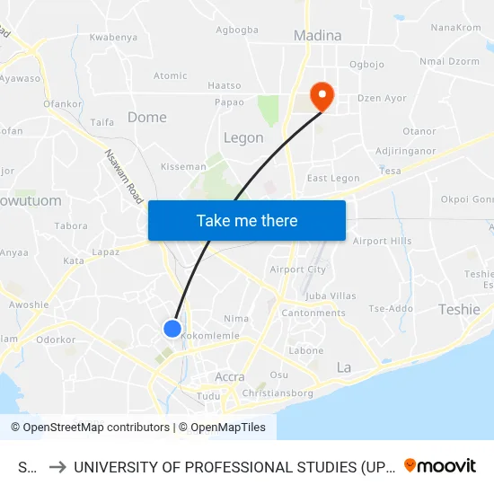 Ssb to UNIVERSITY OF PROFESSIONAL STUDIES (UPSA) map