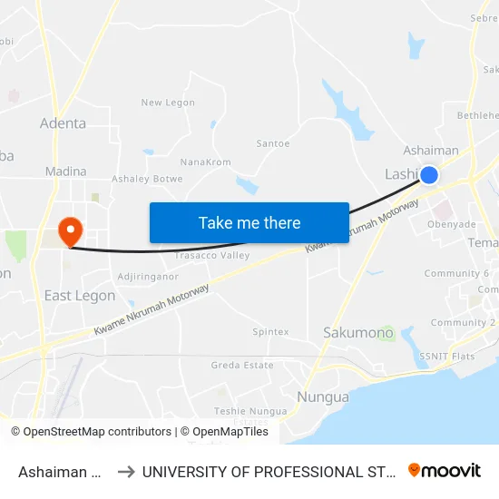 Ashaiman Market to UNIVERSITY OF PROFESSIONAL STUDIES (UPSA) map