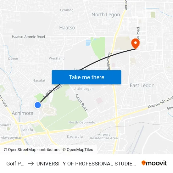 Golf Park to UNIVERSITY OF PROFESSIONAL STUDIES (UPSA) map