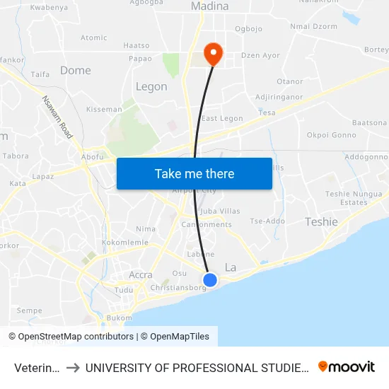 Veterinary to UNIVERSITY OF PROFESSIONAL STUDIES (UPSA) map