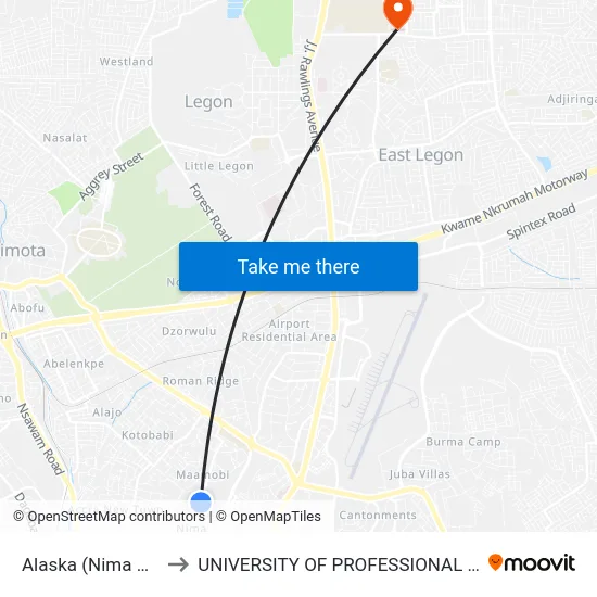 Alaska (Nima Maamobi) to UNIVERSITY OF PROFESSIONAL STUDIES (UPSA) map