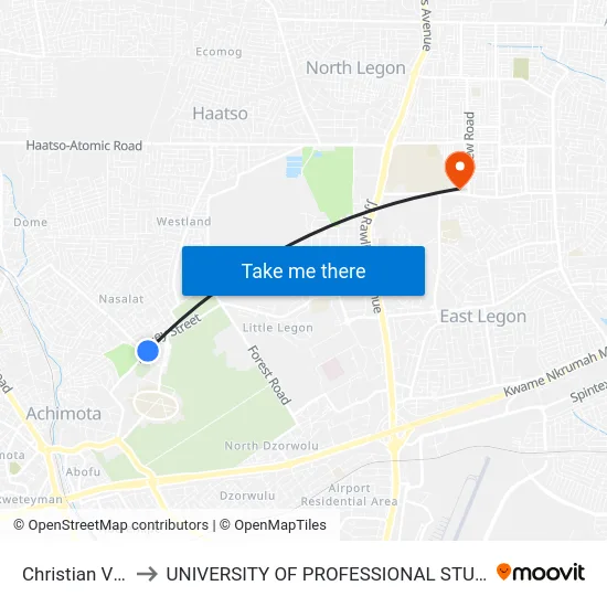 Christian Village to UNIVERSITY OF PROFESSIONAL STUDIES (UPSA) map