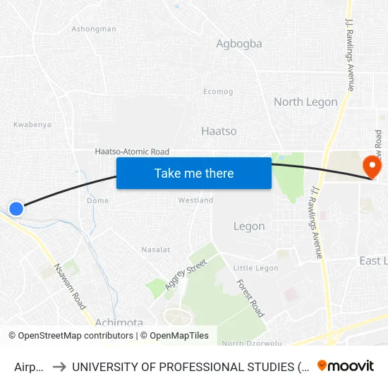 Airport to UNIVERSITY OF PROFESSIONAL STUDIES (UPSA) map