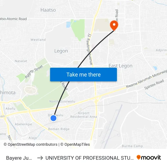 Bayere Junction to UNIVERSITY OF PROFESSIONAL STUDIES (UPSA) map