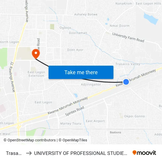 Trasacco to UNIVERSITY OF PROFESSIONAL STUDIES (UPSA) map