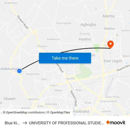 Blue Kiosk to UNIVERSITY OF PROFESSIONAL STUDIES (UPSA) map