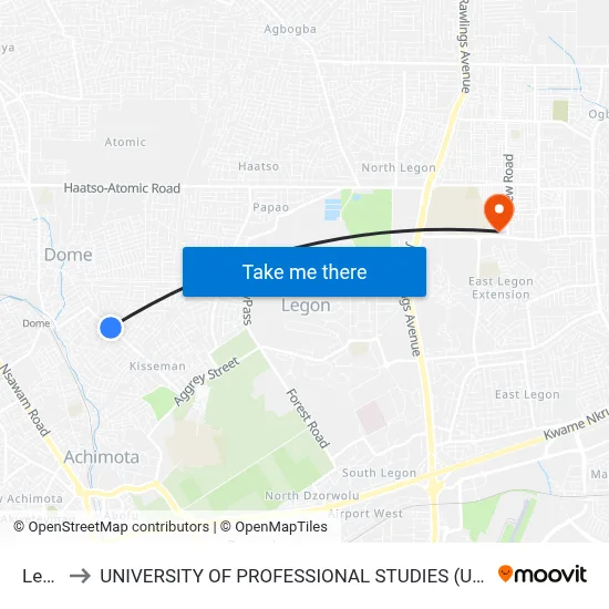 Lebo to UNIVERSITY OF PROFESSIONAL STUDIES (UPSA) map