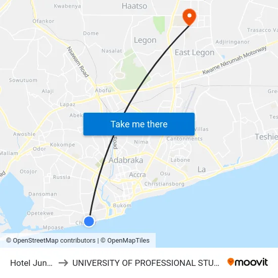 Hotel Junction to UNIVERSITY OF PROFESSIONAL STUDIES (UPSA) map