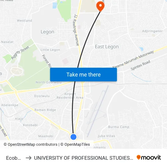 Ecobank to UNIVERSITY OF PROFESSIONAL STUDIES (UPSA) map