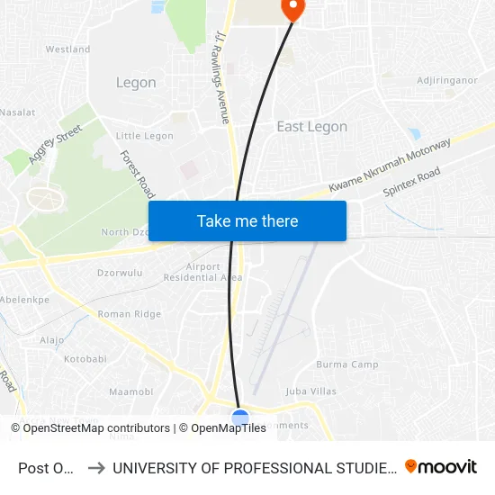 Post Office to UNIVERSITY OF PROFESSIONAL STUDIES (UPSA) map