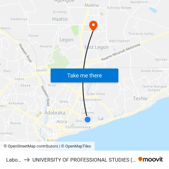 Labone to UNIVERSITY OF PROFESSIONAL STUDIES (UPSA) map