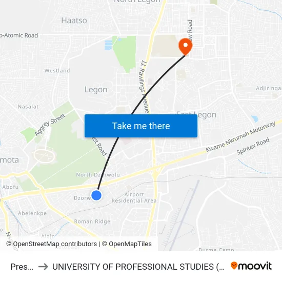 Presby to UNIVERSITY OF PROFESSIONAL STUDIES (UPSA) map