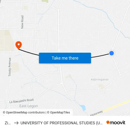 Zion to UNIVERSITY OF PROFESSIONAL STUDIES (UPSA) map