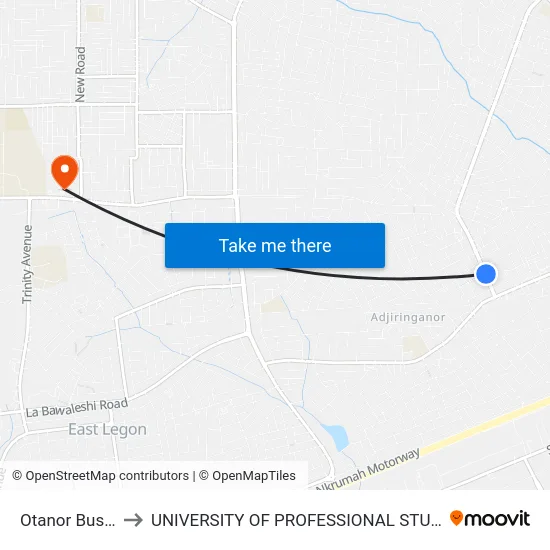 Otanor Bus Stop to UNIVERSITY OF PROFESSIONAL STUDIES (UPSA) map