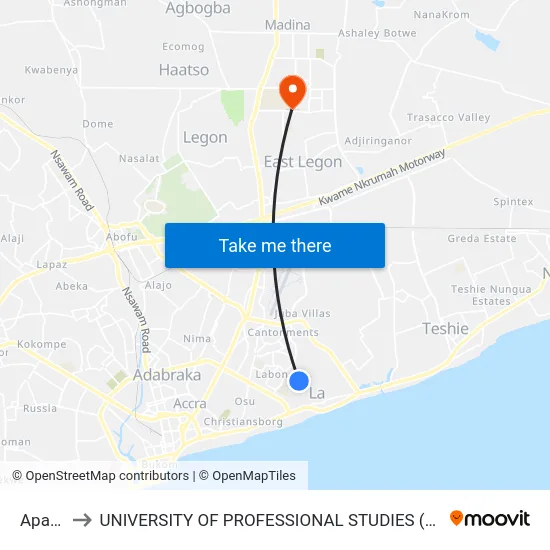 Apapa to UNIVERSITY OF PROFESSIONAL STUDIES (UPSA) map