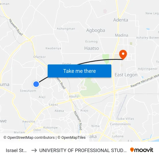 Israel Station to UNIVERSITY OF PROFESSIONAL STUDIES (UPSA) map