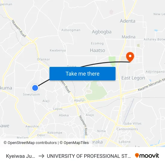 Kyeiwaa Junction to UNIVERSITY OF PROFESSIONAL STUDIES (UPSA) map