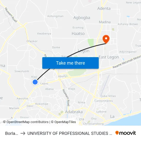 Borlaso to UNIVERSITY OF PROFESSIONAL STUDIES (UPSA) map