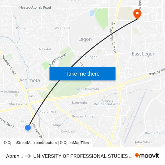 Abrantie to UNIVERSITY OF PROFESSIONAL STUDIES (UPSA) map