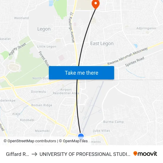 Giffard Road to UNIVERSITY OF PROFESSIONAL STUDIES (UPSA) map