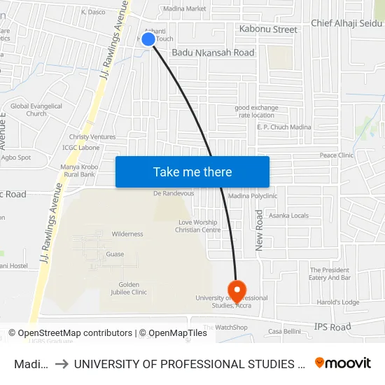 Madina to UNIVERSITY OF PROFESSIONAL STUDIES (UPSA) map