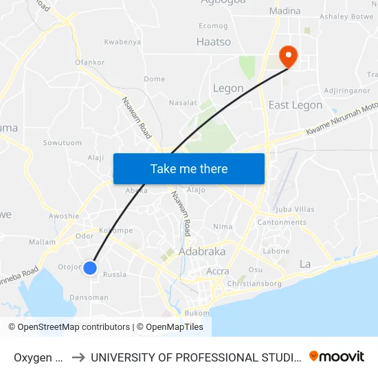 Oxygen (O2) to UNIVERSITY OF PROFESSIONAL STUDIES (UPSA) map
