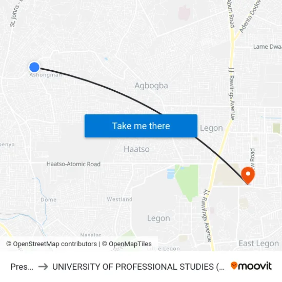 Presby to UNIVERSITY OF PROFESSIONAL STUDIES (UPSA) map
