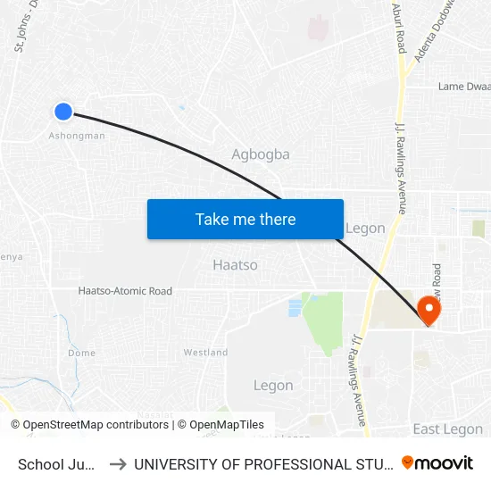 School Junction to UNIVERSITY OF PROFESSIONAL STUDIES (UPSA) map