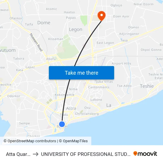 Atta Quarshie to UNIVERSITY OF PROFESSIONAL STUDIES (UPSA) map
