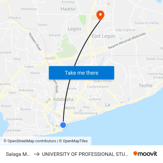 Salaga Market to UNIVERSITY OF PROFESSIONAL STUDIES (UPSA) map