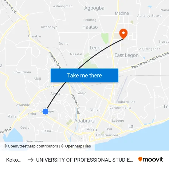 Kokompe to UNIVERSITY OF PROFESSIONAL STUDIES (UPSA) map