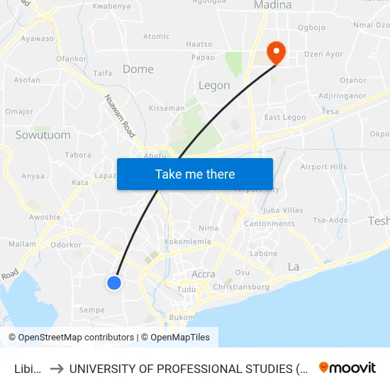 Libirio to UNIVERSITY OF PROFESSIONAL STUDIES (UPSA) map