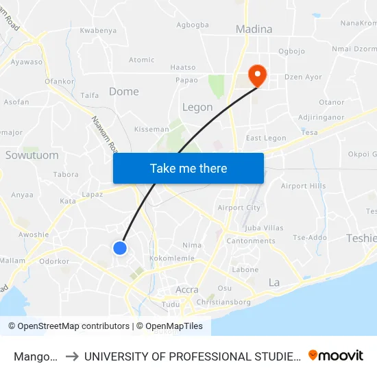 Mangoase to UNIVERSITY OF PROFESSIONAL STUDIES (UPSA) map