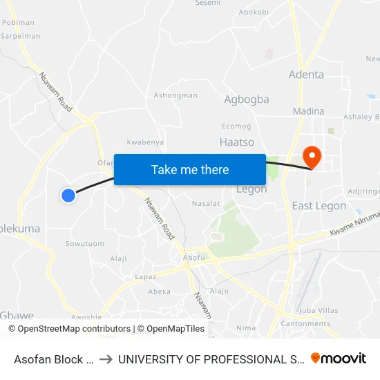 Asofan Block Factory to UNIVERSITY OF PROFESSIONAL STUDIES (UPSA) map