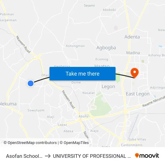 Asofan School Juntion to UNIVERSITY OF PROFESSIONAL STUDIES (UPSA) map