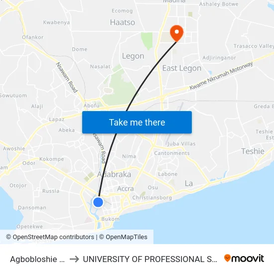 Agbobloshie Market to UNIVERSITY OF PROFESSIONAL STUDIES (UPSA) map