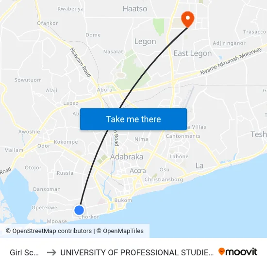 Girl School to UNIVERSITY OF PROFESSIONAL STUDIES (UPSA) map