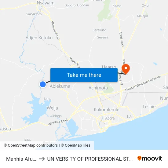 Manhia Afuaman to UNIVERSITY OF PROFESSIONAL STUDIES (UPSA) map