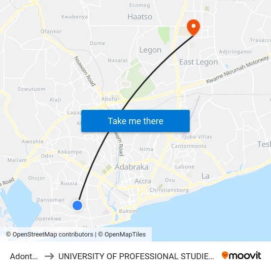 Adonteng to UNIVERSITY OF PROFESSIONAL STUDIES (UPSA) map
