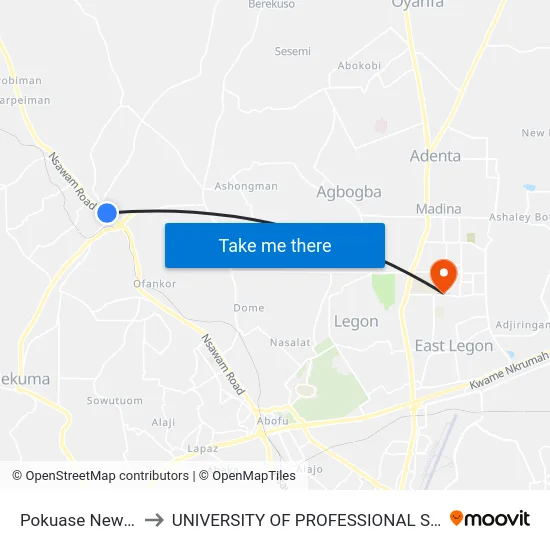 Pokuase New Station to UNIVERSITY OF PROFESSIONAL STUDIES (UPSA) map