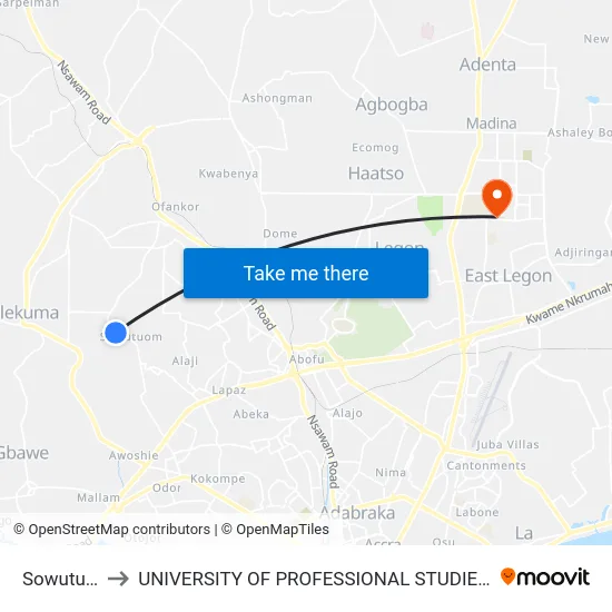 Sowutuom to UNIVERSITY OF PROFESSIONAL STUDIES (UPSA) map