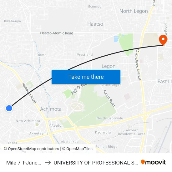 Mile 7 T-Junction Top to UNIVERSITY OF PROFESSIONAL STUDIES (UPSA) map