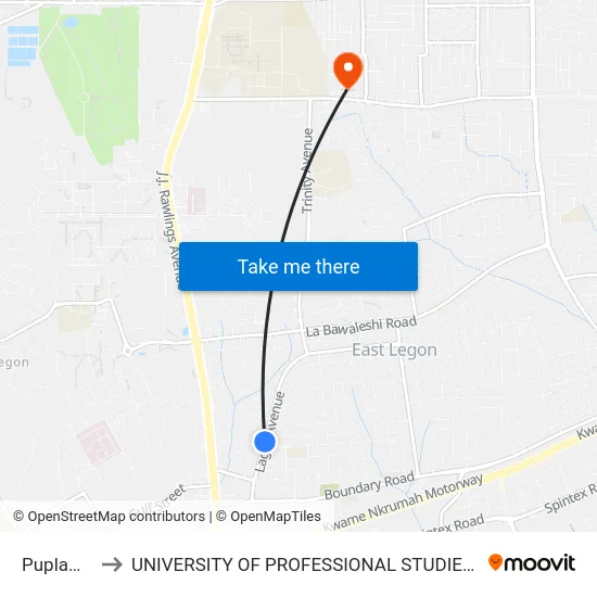 Puplampu to UNIVERSITY OF PROFESSIONAL STUDIES (UPSA) map