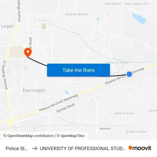 Police Station to UNIVERSITY OF PROFESSIONAL STUDIES (UPSA) map